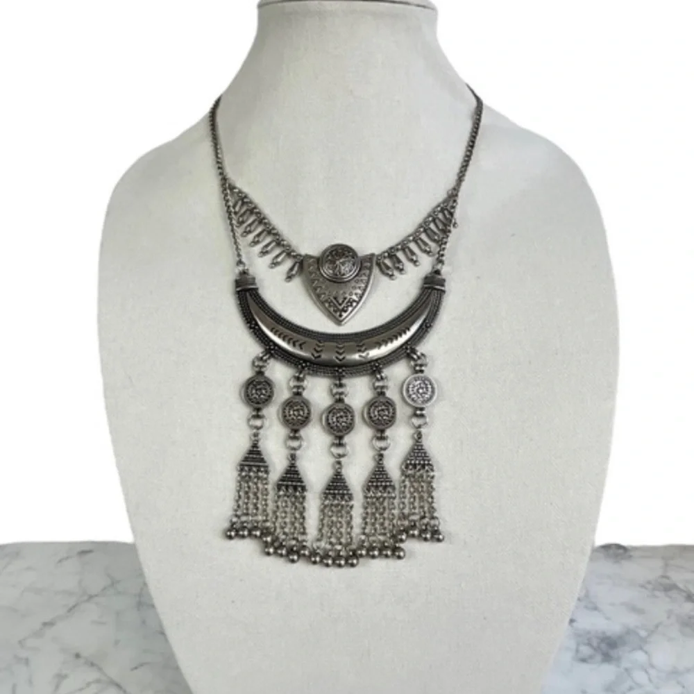 Southwestern Style Silver Toned Boho Statement Necklace